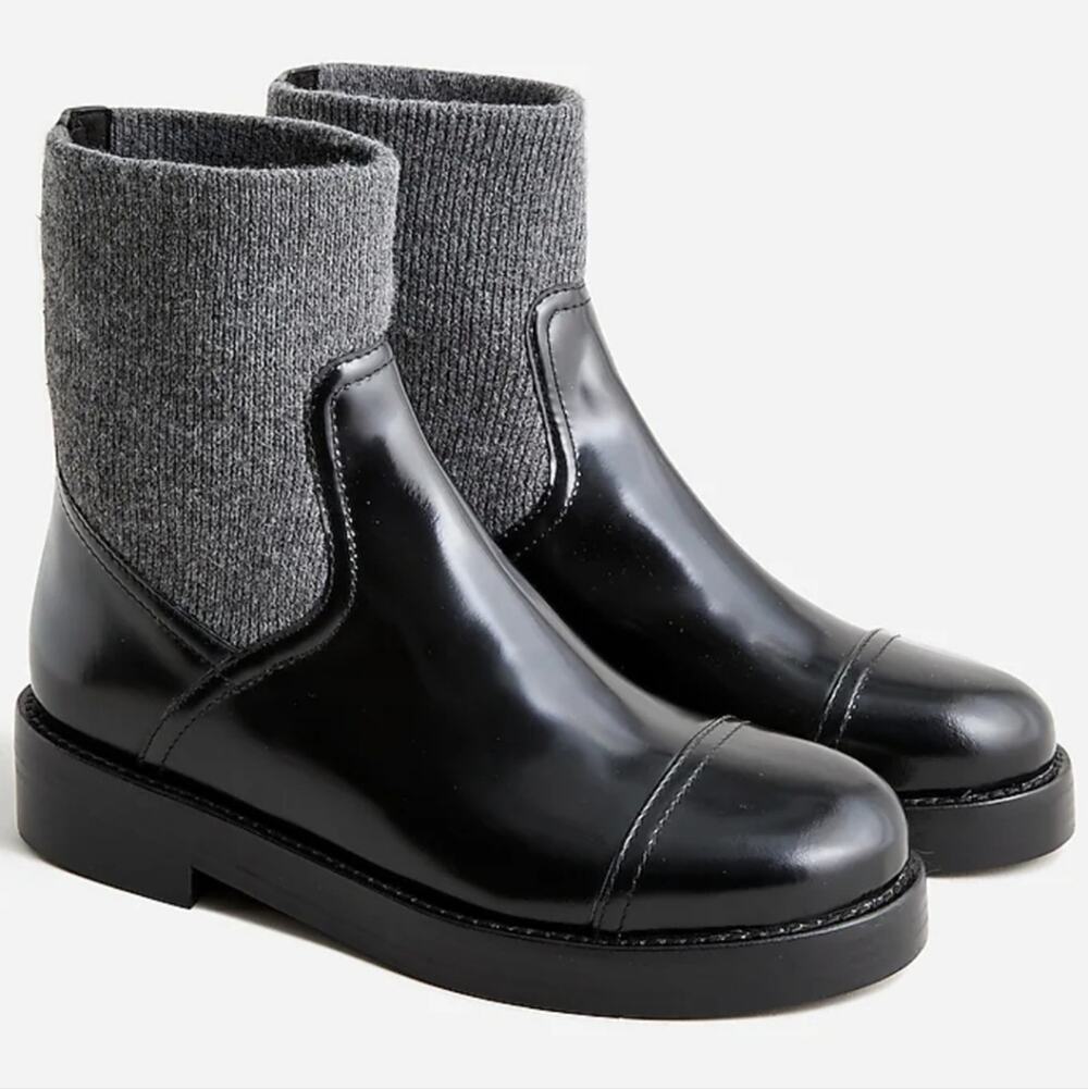 J.Crew Black Italian Leather Ribbed Knit Cuff Ankle Boots NIB NWT Size 8 BM708